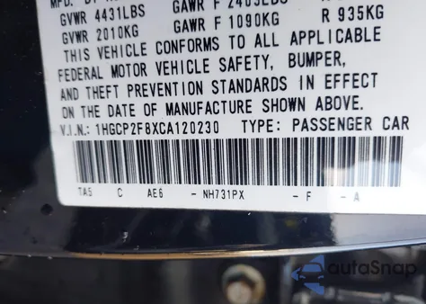 2012 Honda Accord 2.4 Ex-L z USA, uszkodzony, nr VIN 1HGCP2F8XCA120230